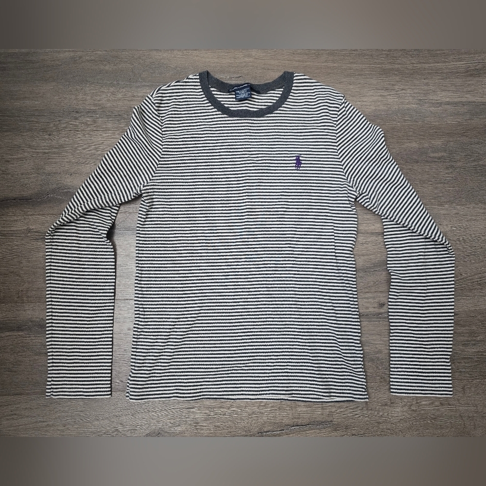 Ralph Lauren Sport Striped Womens XL Long Sleeve Tee Grey Purple Logo Preppy